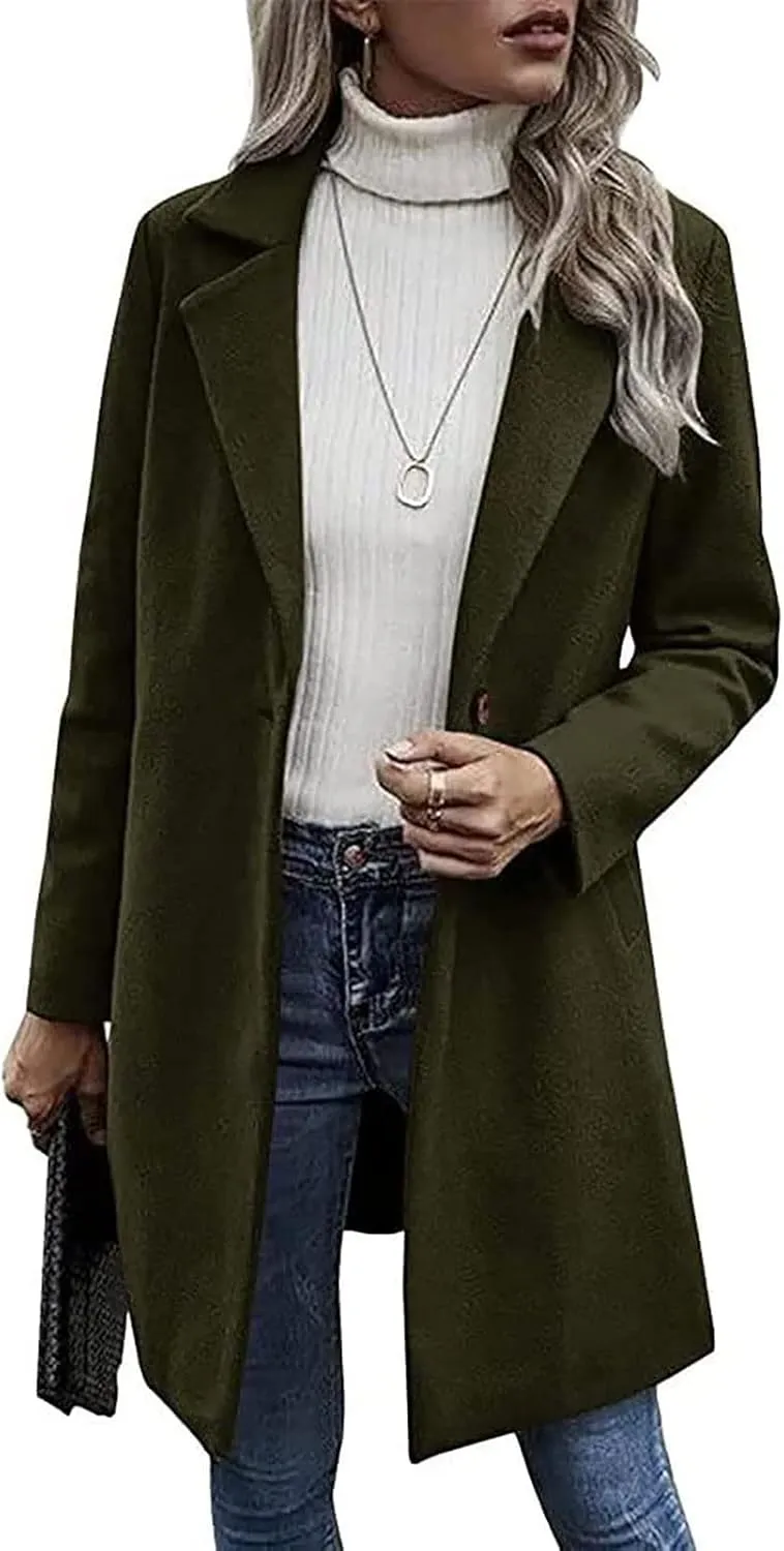 Lastesso Women's Solid Long Sleeve Trench Coat Open Front Loose Fit Cardigans Plaid Lapel Notched Collar Outerwear Comfy Coat