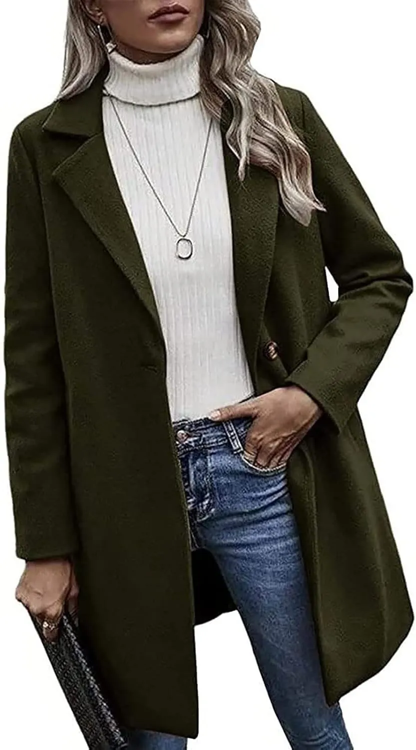 Lastesso Women's Solid Long Sleeve Trench Coat Open Front Loose Fit Cardigans Plaid Lapel Notched Collar Outerwear Comfy Coat