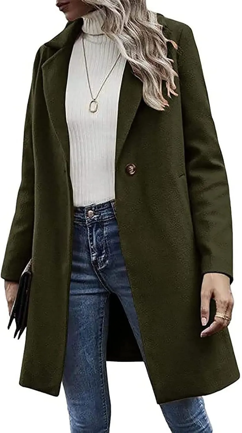 Lastesso Women's Solid Long Sleeve Trench Coat Open Front Loose Fit Cardigans Plaid Lapel Notched Collar Outerwear Comfy Coat