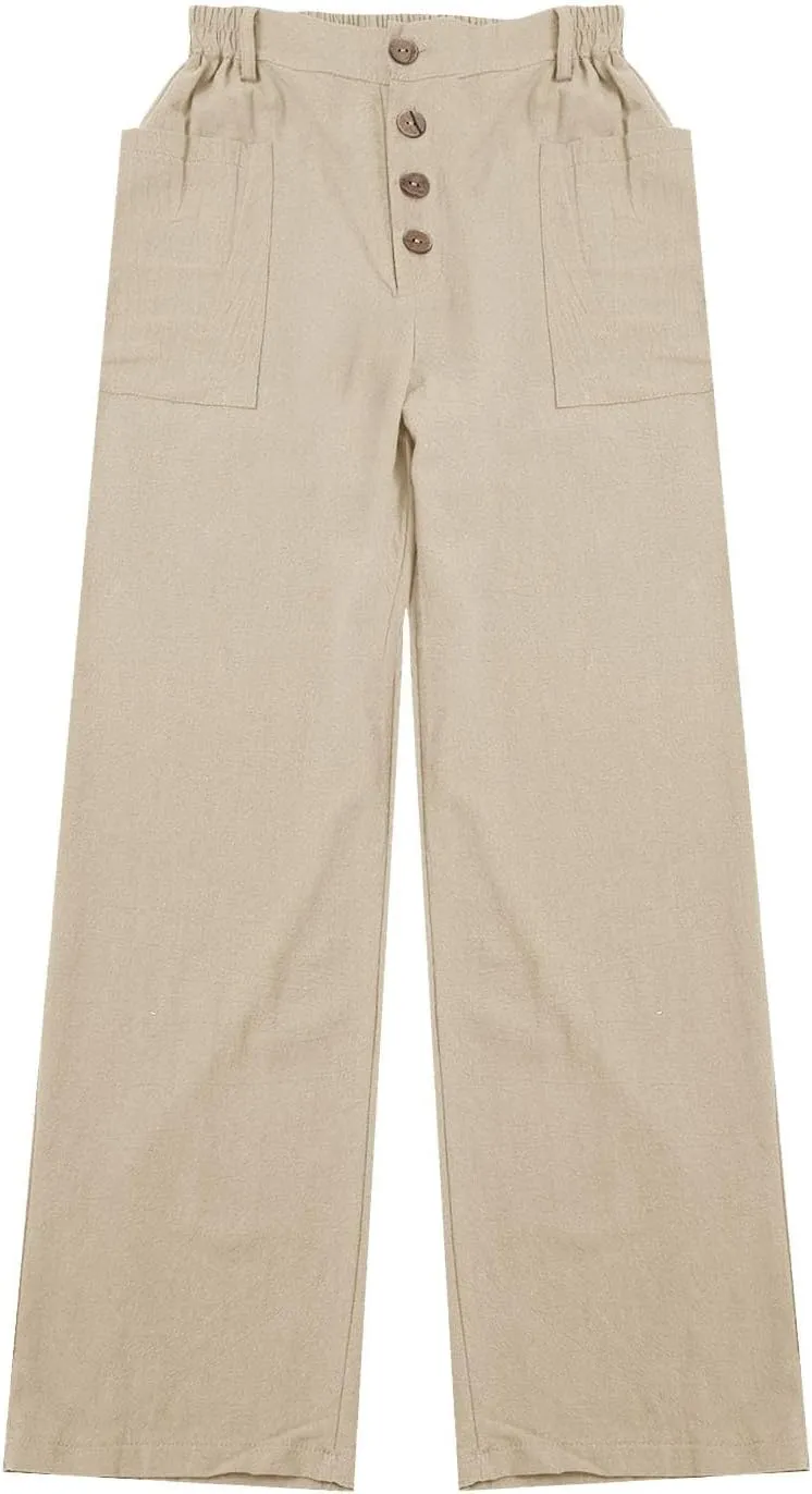 Linen Capri Pants for Women High Waisted Solid Baggy Button Down Capri Pants with Pockets Casual Summer Crop Pants