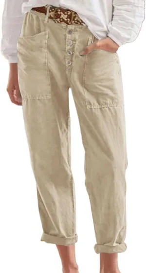 Linen Capri Pants for Women High Waisted Solid Baggy Button Down Capri Pants with Pockets Casual Summer Crop Pants