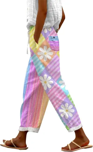 Linen Capri Pants for Women Summer Cute Floaral Print Comfy Wide Leg Baggy Trousers Beach Palazzo Pants with Pockets