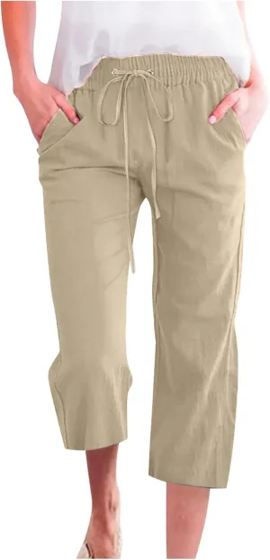 Linen Capris Pants for Women Casual Summer Cotton Linen Pants Drawstring Straight Leg Beach Cropped Pants 2025