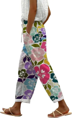 Linen Capris Pants for Women High Waisted Drawstring Capri Boho Printed Wide Leg Cropped Trousers with Pockets