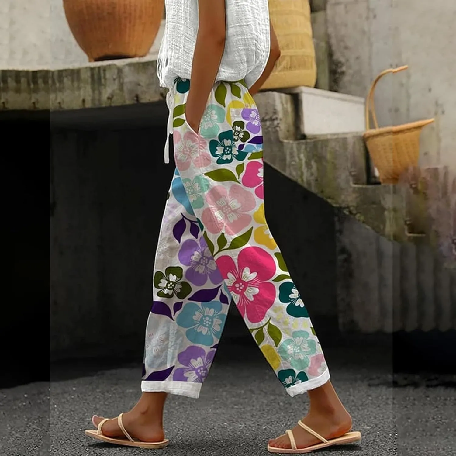 Linen Capris Pants for Women High Waisted Drawstring Capri Boho Printed Wide Leg Cropped Trousers with Pockets