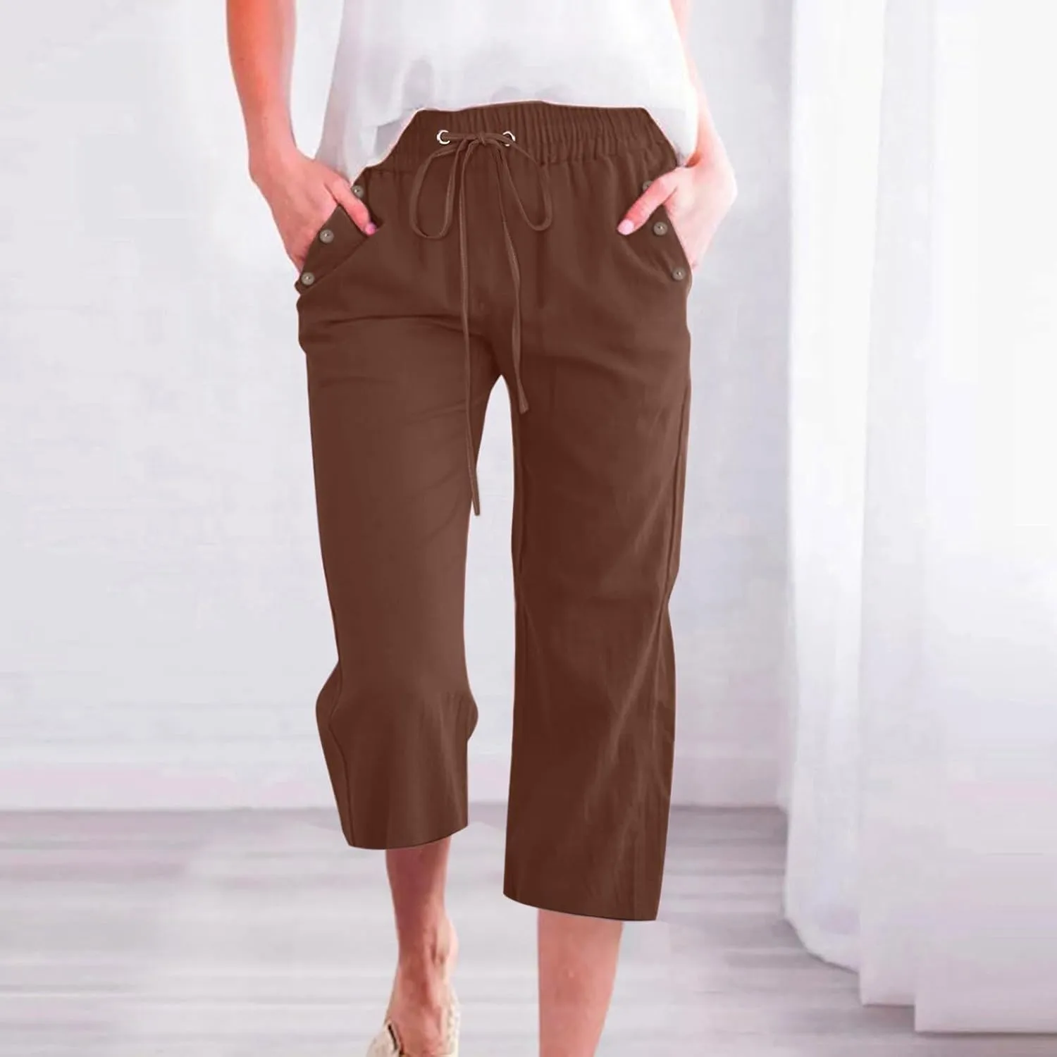 Linen Capris Pants Women High Waist Drawstring Comfy Casual Lightweight Wide Leg Cropped Trousers 2025 Beach Vacation Outfits