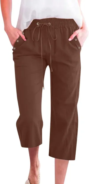 Linen Capris Pants Women High Waist Drawstring Comfy Casual Lightweight Wide Leg Cropped Trousers 2025 Beach Vacation Outfits