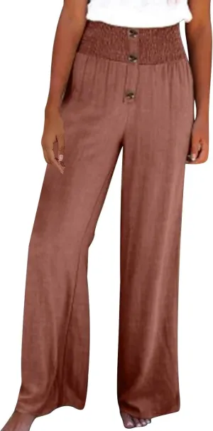 Linen Cotton Pants Women Wide Leg Pant Elastic High Waisted Straight Leg Flowy Casual Work Summer Trousers with Pocket