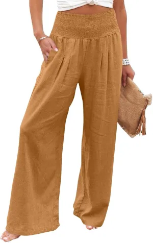 Linen Palazzo Pants for Women Casual Straight Drawstring Beach Loose Linen Outfits Women
