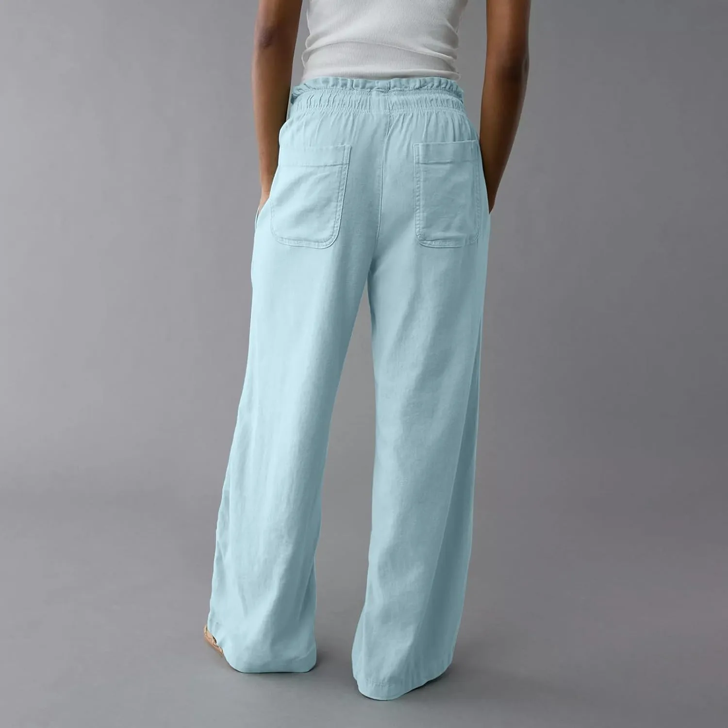 Linen Pants for Women 2025 Summer Drawstring Elastic Waist Casual Pants Straight Leg Comfy Beach Trousers with Pockets