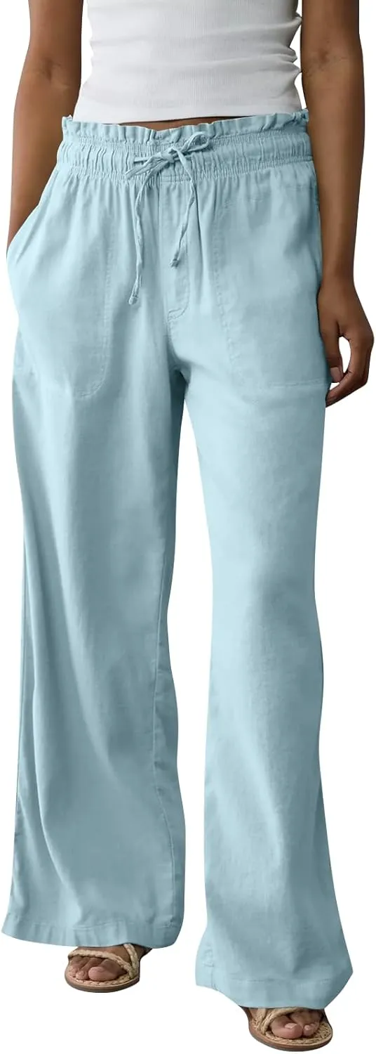 Linen Pants for Women 2025 Summer Drawstring Elastic Waist Casual Pants Straight Leg Comfy Beach Trousers with Pockets