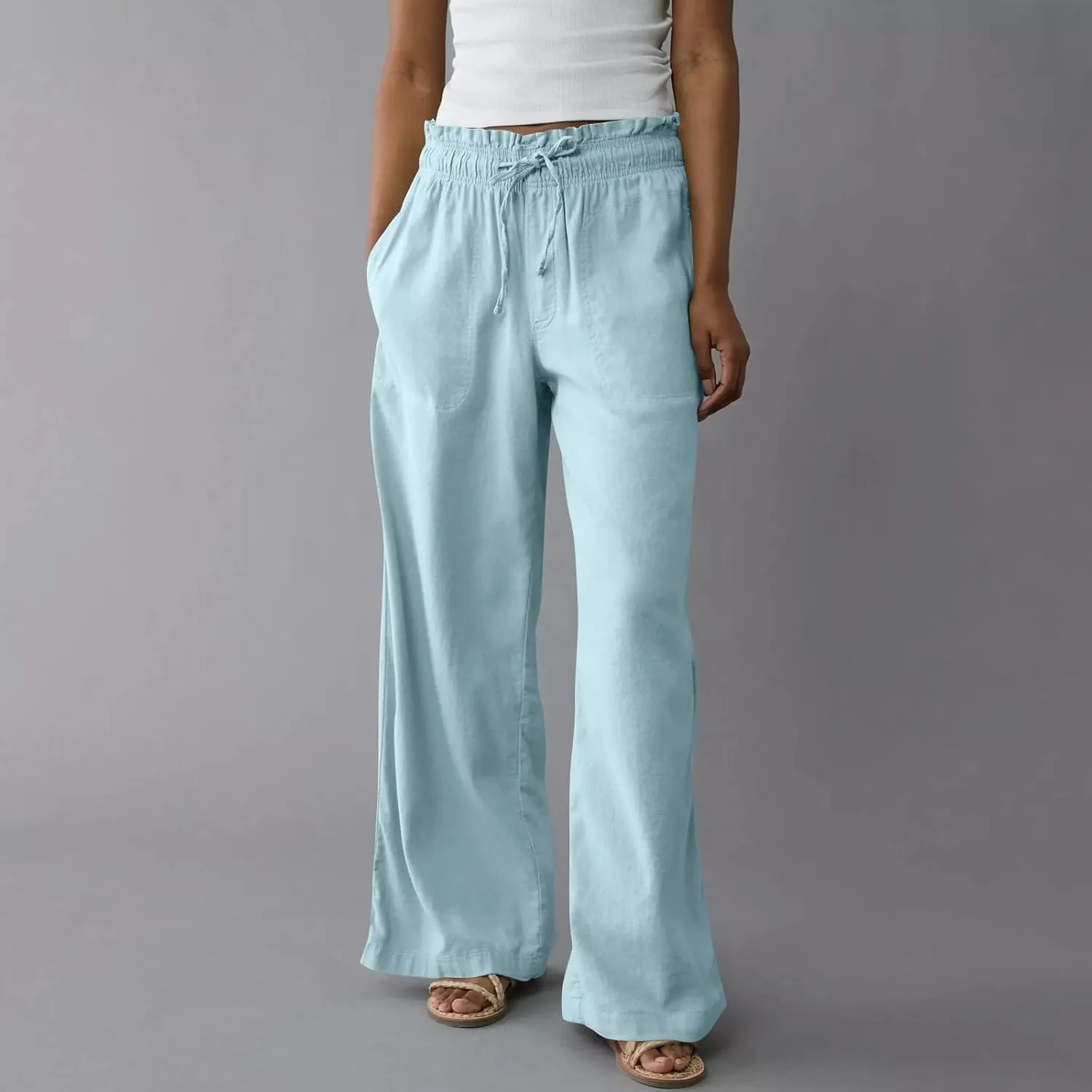 Linen Pants for Women 2025 Summer Drawstring Elastic Waist Casual Pants Straight Leg Comfy Beach Trousers with Pockets