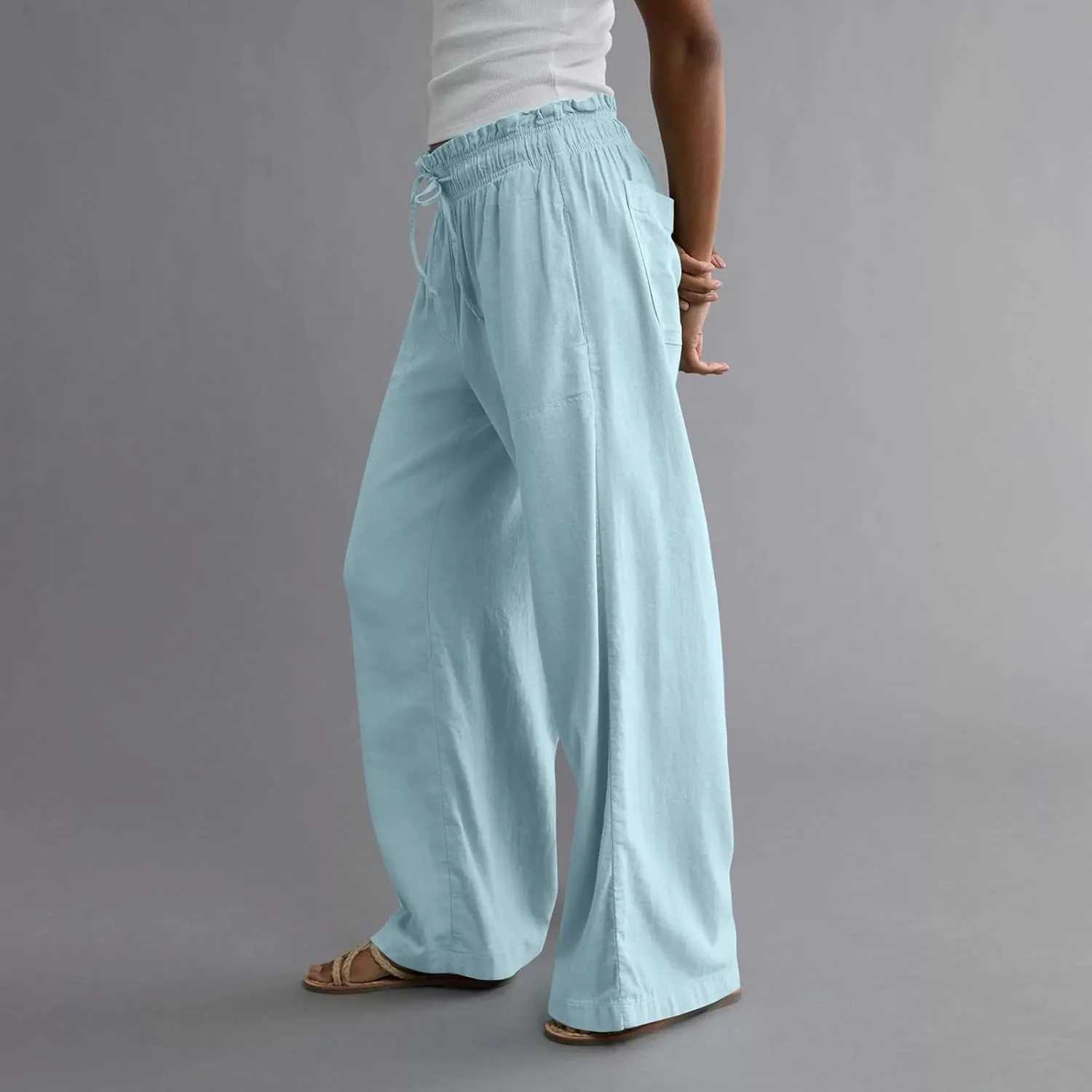 Linen Pants for Women 2025 Summer Drawstring Elastic Waist Casual Pants Straight Leg Comfy Beach Trousers with Pockets