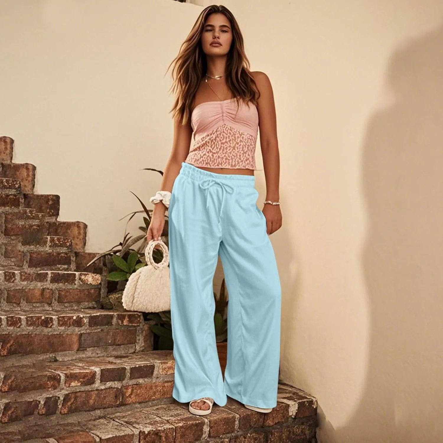 Linen Pants for Women 2025 Summer Drawstring Elastic Waist Casual Pants Straight Leg Comfy Beach Trousers with Pockets