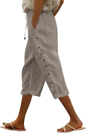Linen Pants for Women 2025 Summer Lightweight Long Capris Vacation Beach Trousers Side-Buttoned Closure Joggers