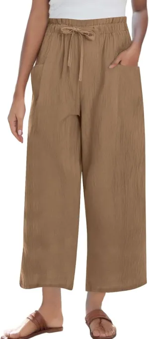Linen Pants for Women 2025 Wide Leg Cropped Pants High Waisted Summer Casual Cotton Palazzo Trousers with Pockets