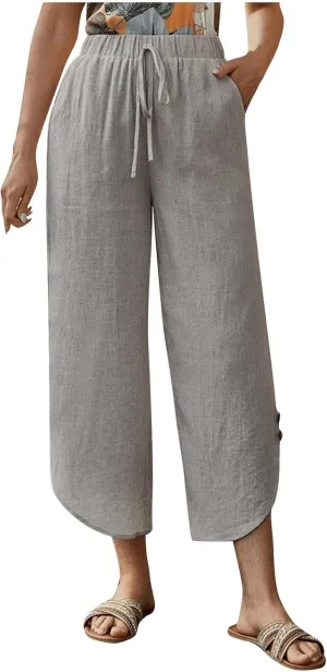 Linen Pants for Women Casual High Waisted Drawstring Harem Pants Summer Cropped Lounge Trousers with Pockets