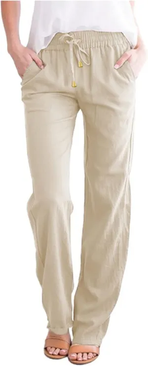 Linen Pants for Women Elastic Waist Straight Leg Pants Summer Casual Yoga Beach Pants 2025 Comfy Trousers with Pocket