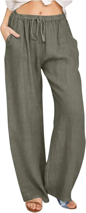 Linen Pants for Women Summer Boho Wide Leg Trouser High Waist Casual Lounge Pant Beach Travel Vacation Outfits