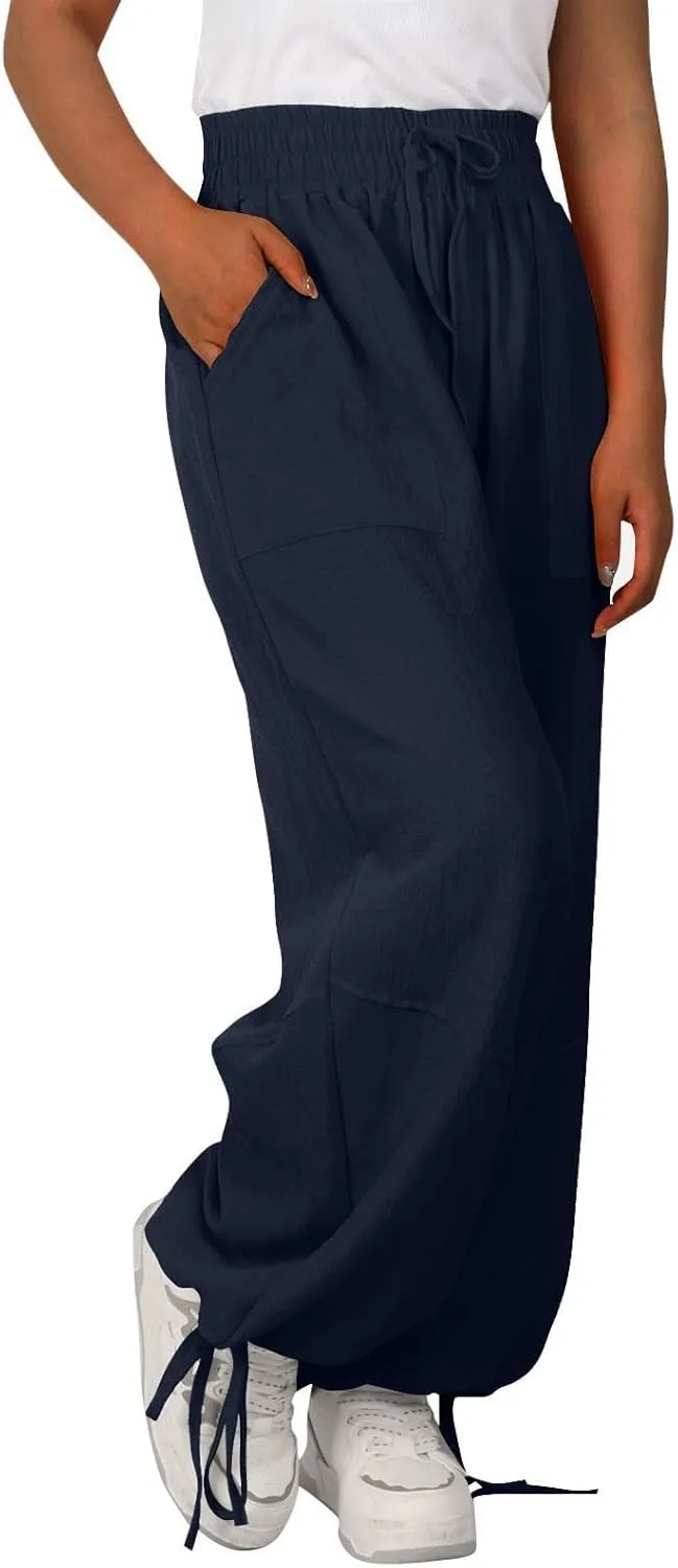 Linen Pants for Women Wide Leg High Waisted Drawstring Elastic Waist Trousers Solid Color Lounge Pants with Pockets