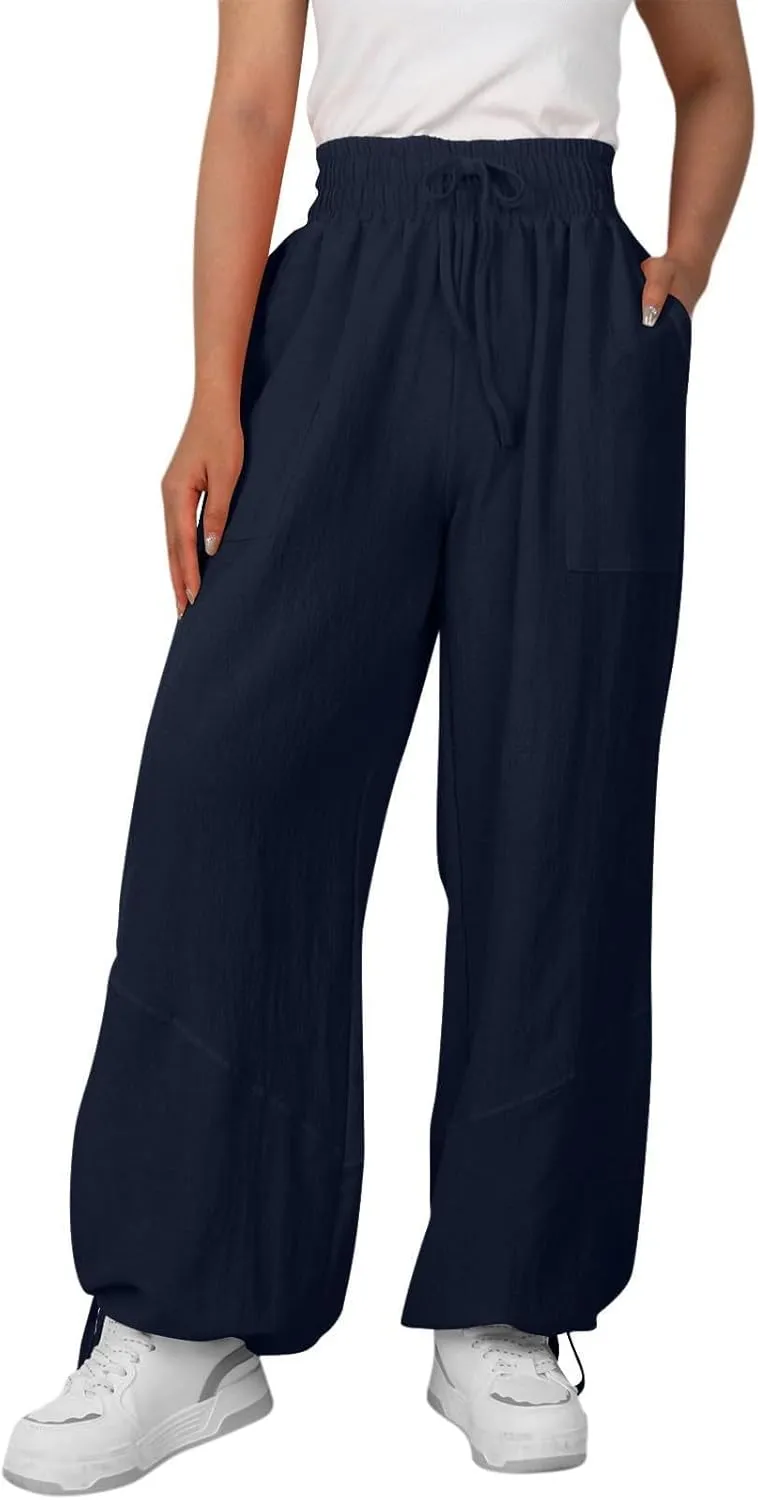 Linen Pants for Women Wide Leg High Waisted Drawstring Elastic Waist Trousers Solid Color Lounge Pants with Pockets