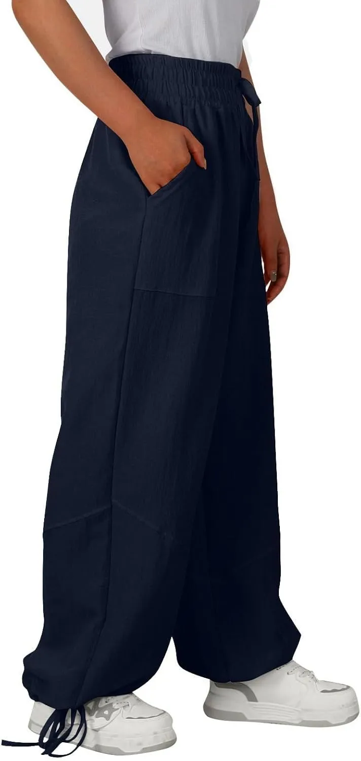 Linen Pants for Women Wide Leg High Waisted Drawstring Elastic Waist Trousers Solid Color Lounge Pants with Pockets