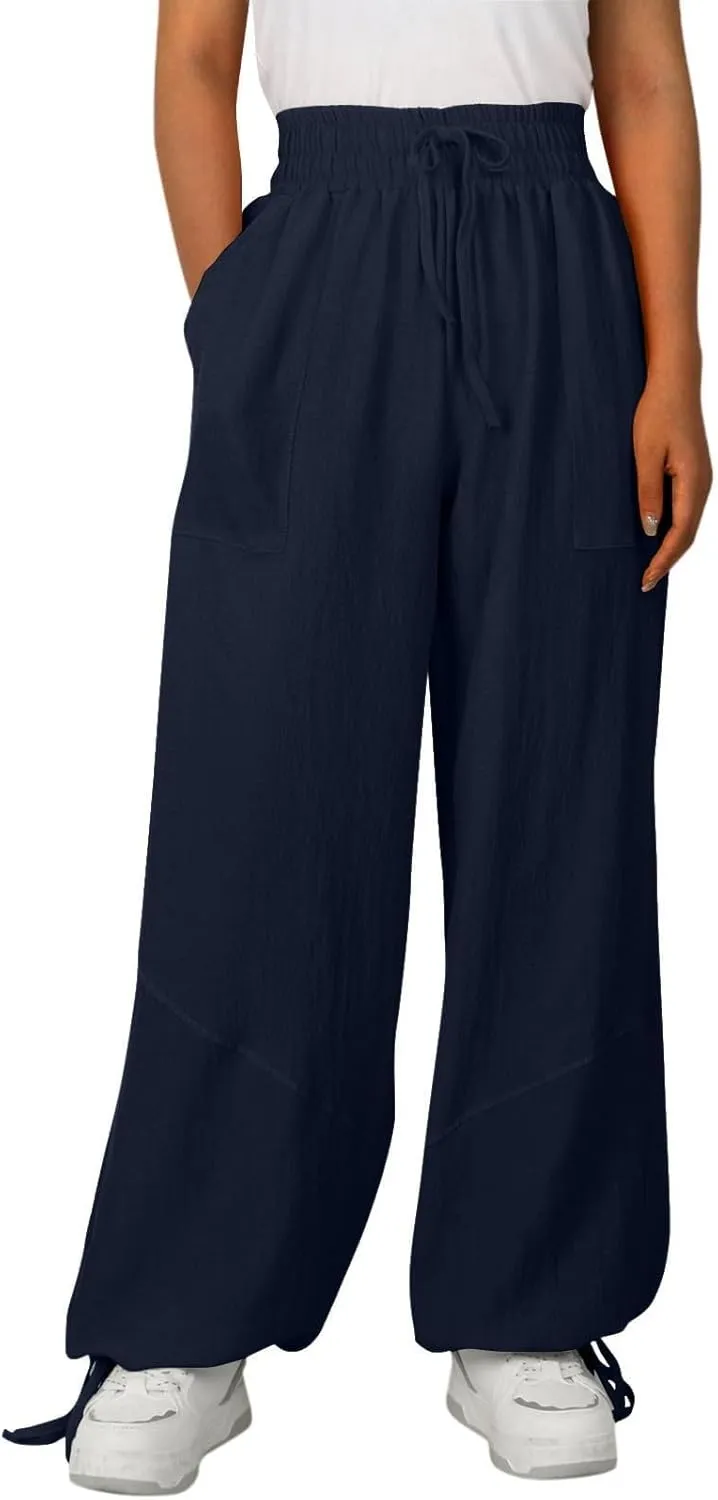 Linen Pants for Women Wide Leg High Waisted Drawstring Elastic Waist Trousers Solid Color Lounge Pants with Pockets