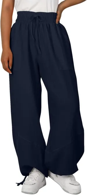 Linen Pants for Women Wide Leg High Waisted Drawstring Elastic Waist Trousers Solid Color Lounge Pants with Pockets