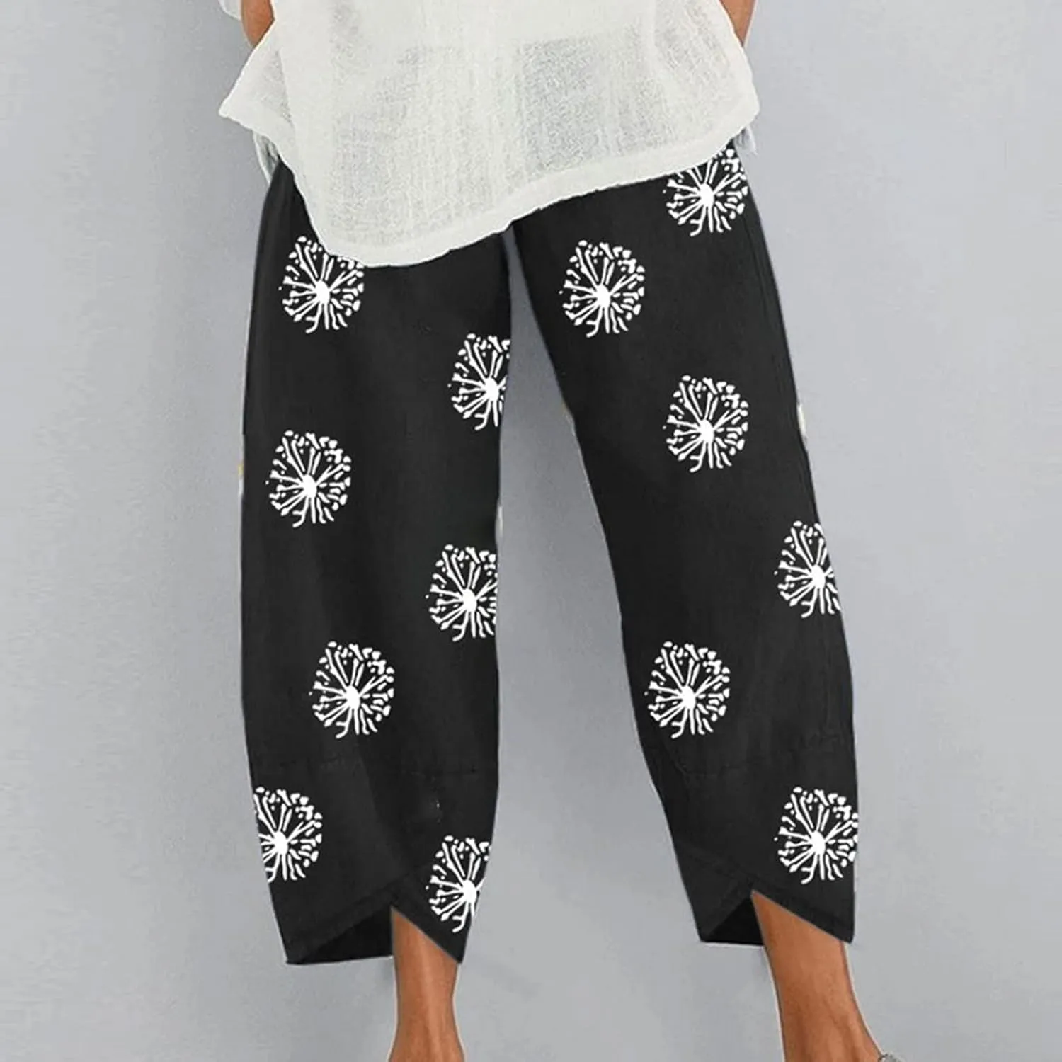 Linen Pants Women Casual Summer Cotton Cropped Tulip Pants Baggy Elastic Waisted Lounge Pants Trousers with Pockets