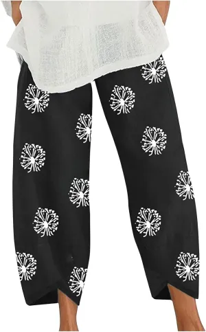 Linen Pants Women Casual Summer Cotton Cropped Tulip Pants Baggy Elastic Waisted Lounge Pants Trousers with Pockets