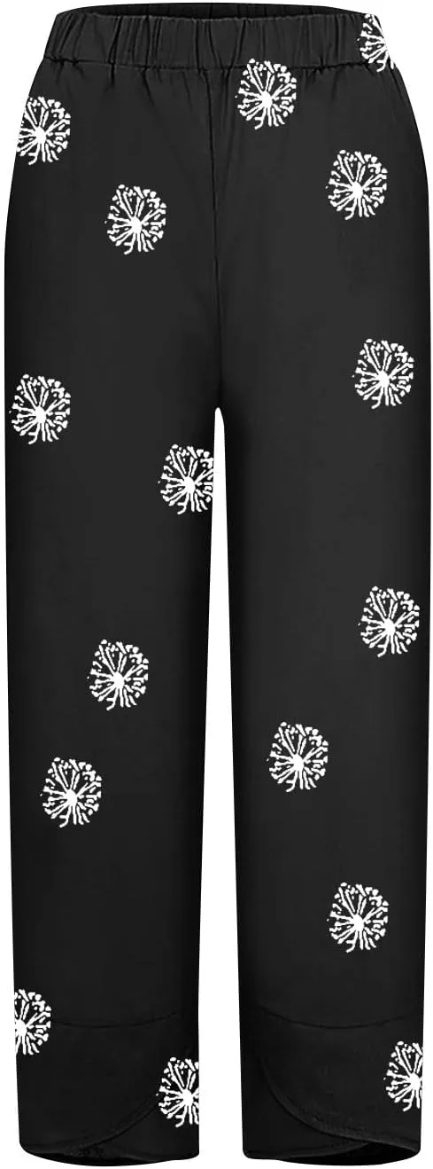 Linen Pants Women Casual Summer Cotton Cropped Tulip Pants Baggy Elastic Waisted Lounge Pants Trousers with Pockets