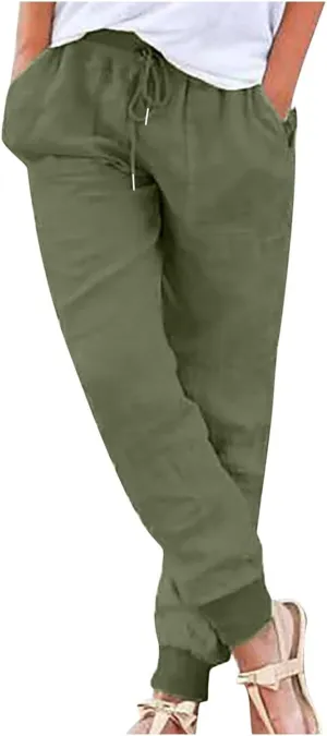 Linen Pants Women Drawstring Tapered Leg Petite Pants Elastic Waist Jogger Baggy Summer Palazzo Trousers with Pockets