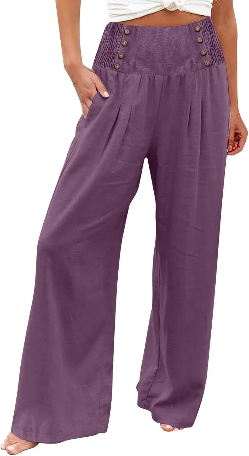 Linen Pants Women Plus Size Boho Women's Loose Trousers Linen High Waist Wide Leg Pants Pockets for Spring Summer