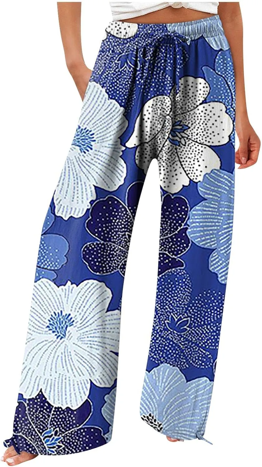 Linen Pants Women Plus Size Boho Women's Loose Trousers Linen High Waist Wide Leg Pants Pockets for Spring Summer
