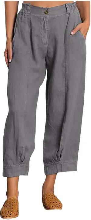 Linen Pants Women Plus Size Short Women's Casual Cotton Linen Baggy Pants with Elastic Waist Relax Fit Lantern Trouser
