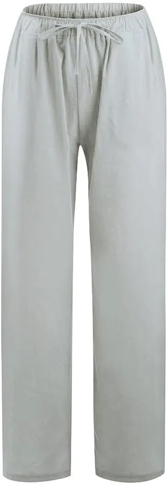Linen Pants Women Summer Casual Wide Leg Palazzo Pants Baggy High Waisted Drawstring Lounge Trousers Beach Travel Outfits