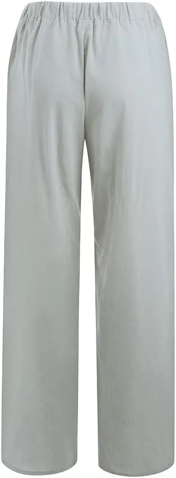 Linen Pants Women Summer Casual Wide Leg Palazzo Pants Baggy High Waisted Drawstring Lounge Trousers Beach Travel Outfits