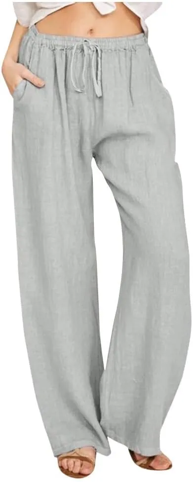 Linen Pants Women Summer Casual Wide Leg Palazzo Pants Baggy High Waisted Drawstring Lounge Trousers Beach Travel Outfits