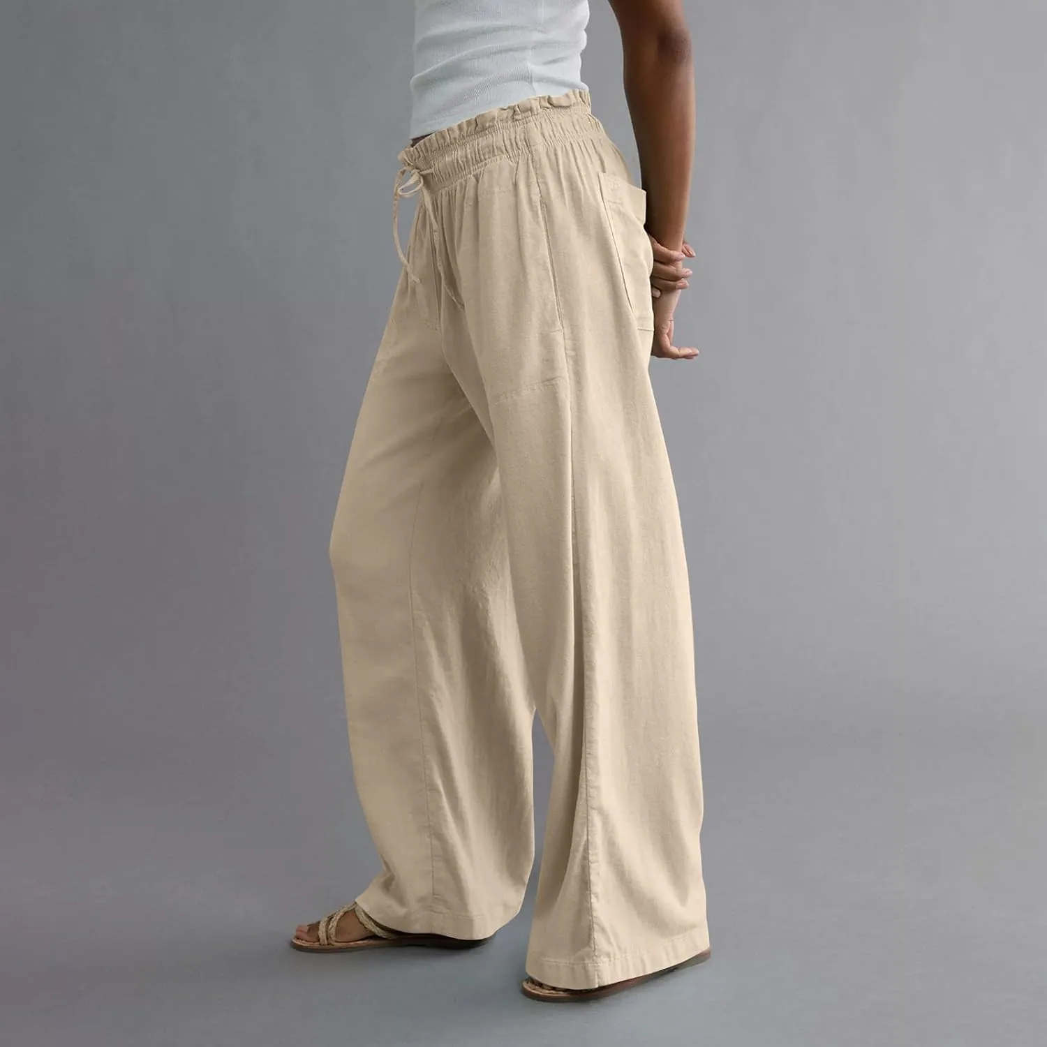 Linen Pants Women Summer Drawstring Elastic Waist Flowy Pants Comfy Flowy Cotton Linen Beach Trousers with Pockets