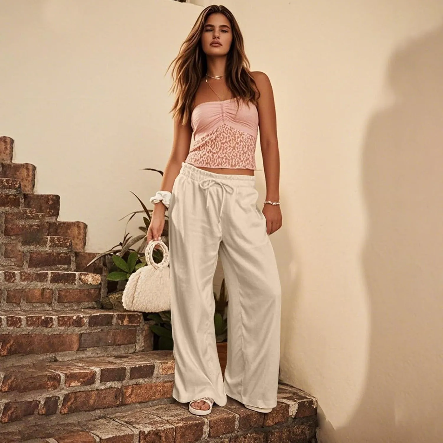 Linen Pants Women Summer Drawstring Elastic Waist Flowy Pants Comfy Flowy Cotton Linen Beach Trousers with Pockets