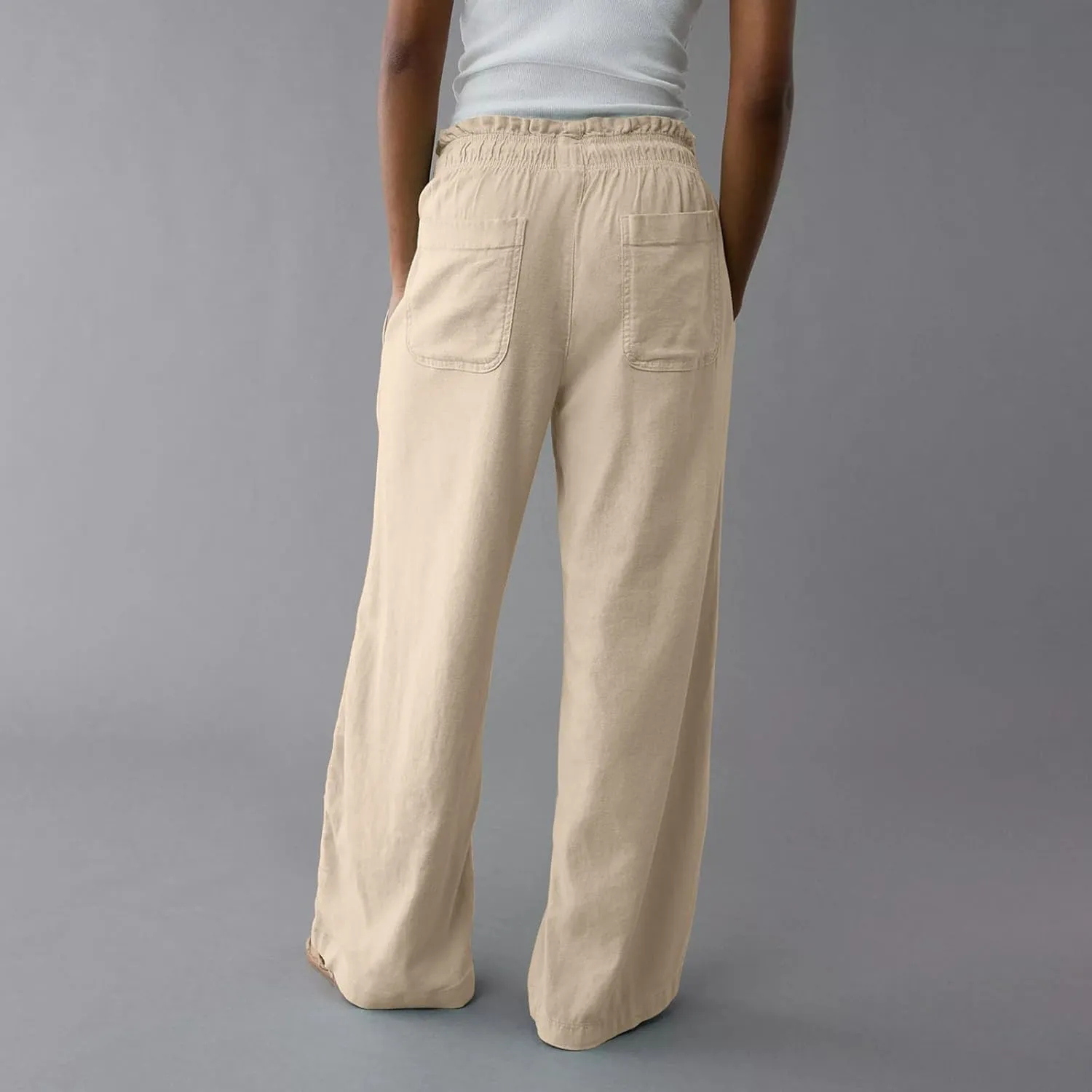 Linen Pants Women Summer Drawstring Elastic Waist Flowy Pants Comfy Flowy Cotton Linen Beach Trousers with Pockets