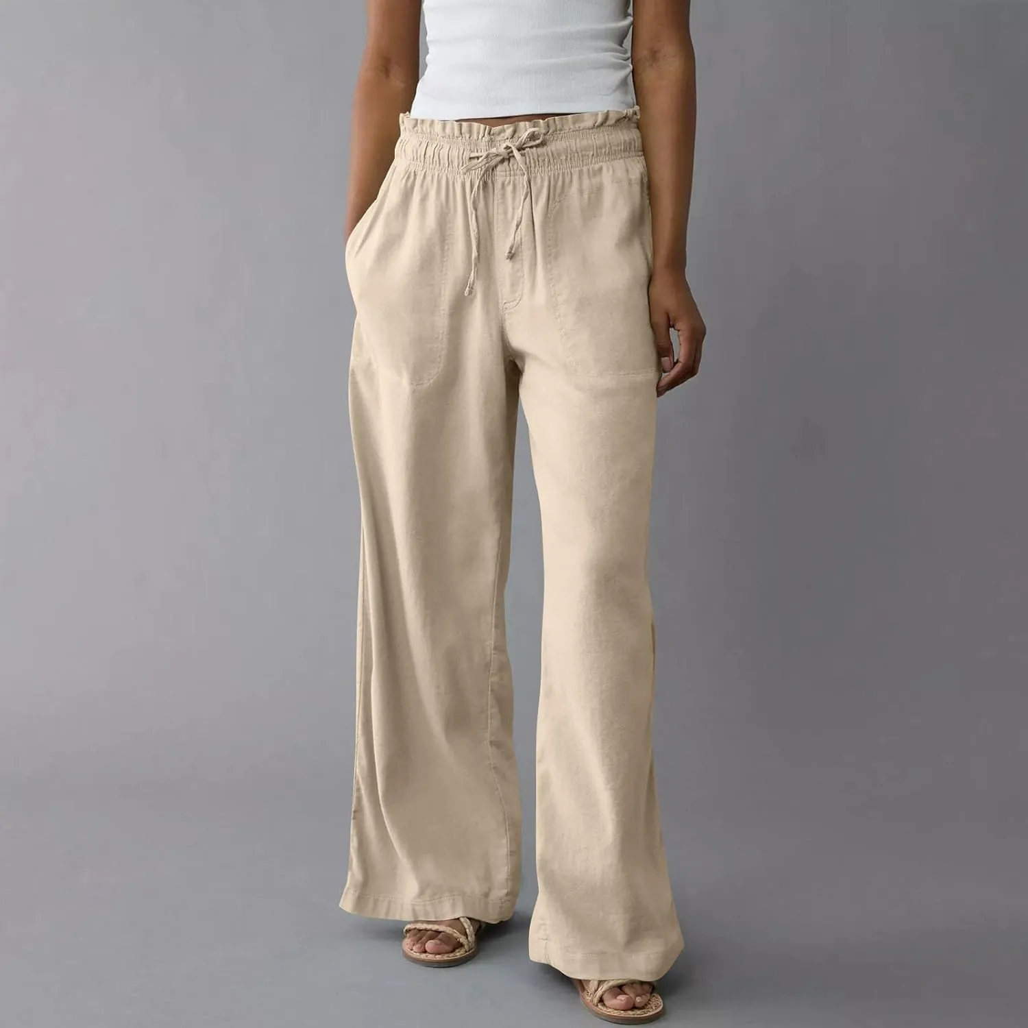 Linen Pants Women Summer Drawstring Elastic Waist Flowy Pants Comfy Flowy Cotton Linen Beach Trousers with Pockets