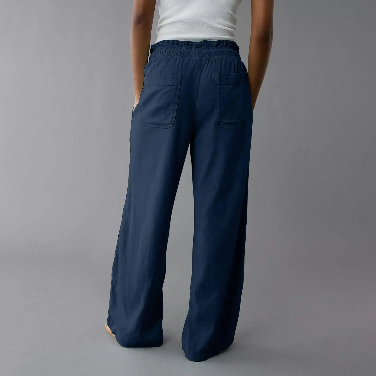 Linen Pants Women Summer Drawstring Elastic Waist Flowy Pants Comfy Flowy Cotton Linen Beach Trousers with Pockets