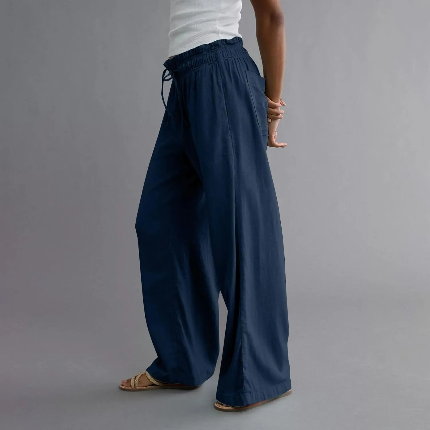 Linen Pants Women Summer Drawstring Elastic Waist Flowy Pants Comfy Flowy Cotton Linen Beach Trousers with Pockets
