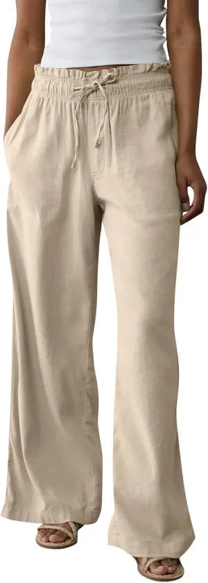 Linen Pants Women Summer Drawstring Elastic Waist Flowy Pants Comfy Flowy Cotton Linen Beach Trousers with Pockets