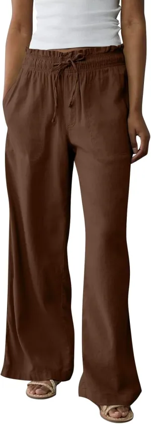 Linen Pants Women Summer Drawstring Elastic Waist Flowy Pants Comfy Flowy Cotton Linen Beach Trousers with Pockets