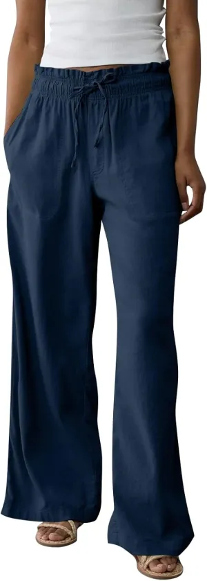 Linen Pants Women Summer Drawstring Elastic Waist Flowy Pants Comfy Flowy Cotton Linen Beach Trousers with Pockets