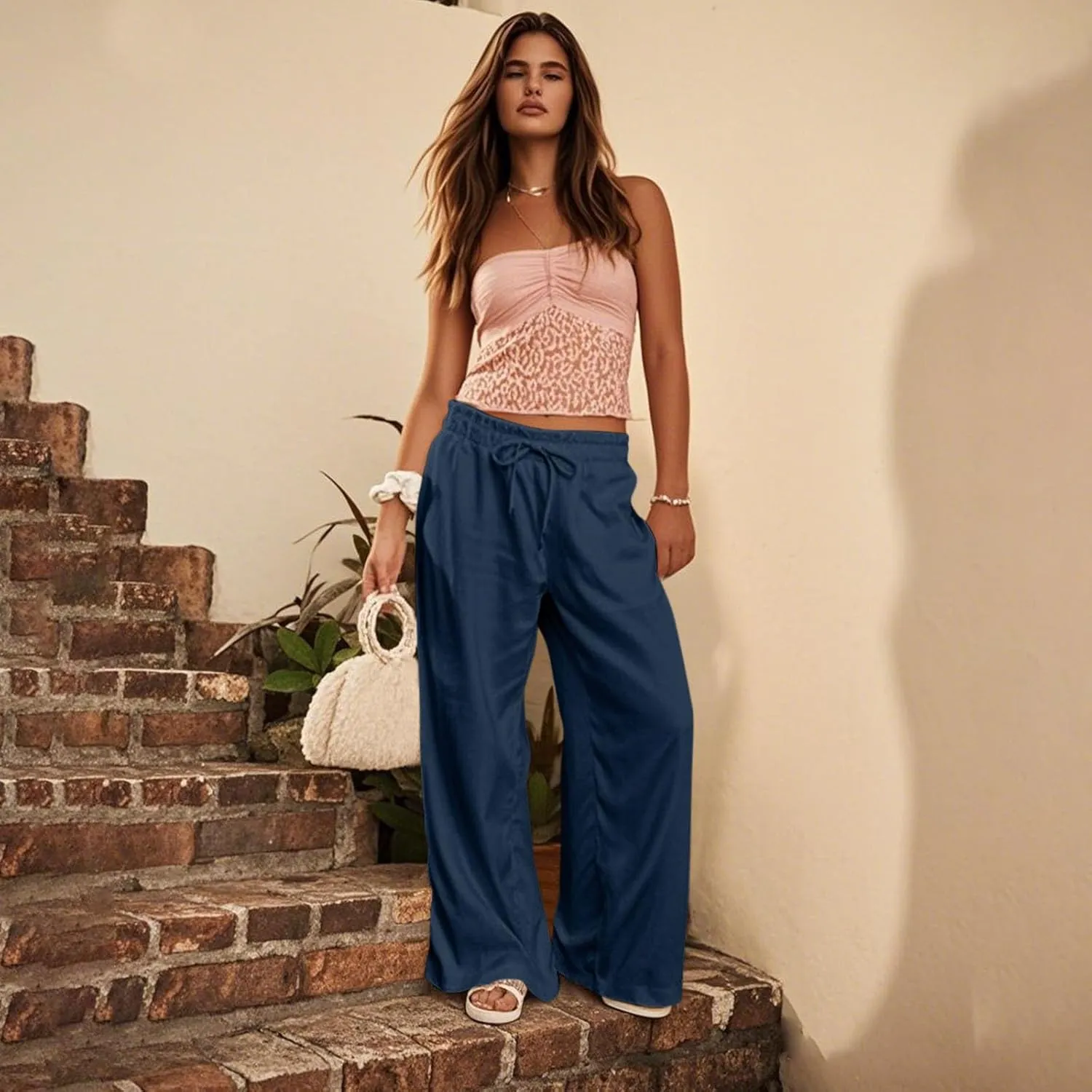 Linen Pants Women Summer Drawstring Elastic Waist Flowy Pants Comfy Flowy Cotton Linen Beach Trousers with Pockets