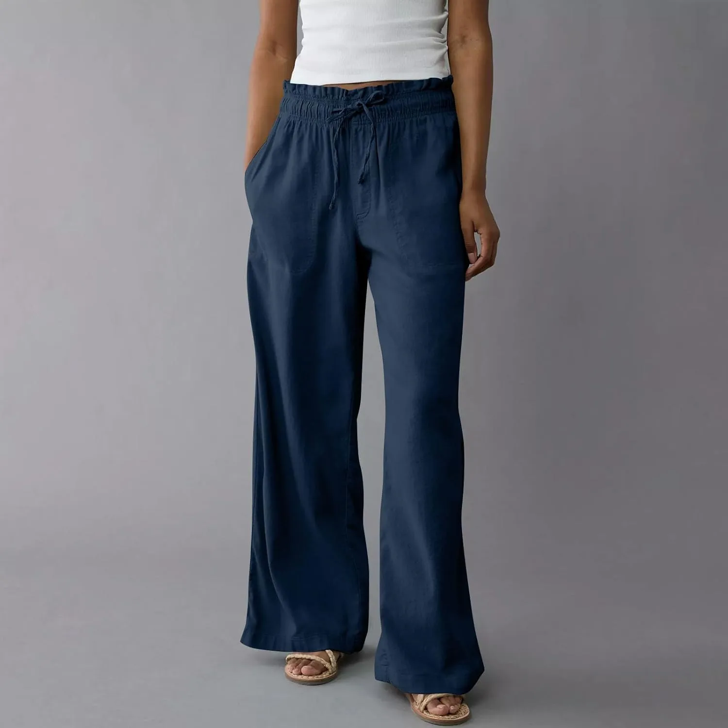 Linen Pants Women Summer Drawstring Elastic Waist Flowy Pants Comfy Flowy Cotton Linen Beach Trousers with Pockets