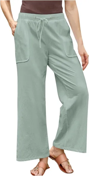 Linen Pants Women Summer Wide Leg High Waisted Casual Pant Drawstring Elastic Waist Palazzo Beach Trousers with Pockets